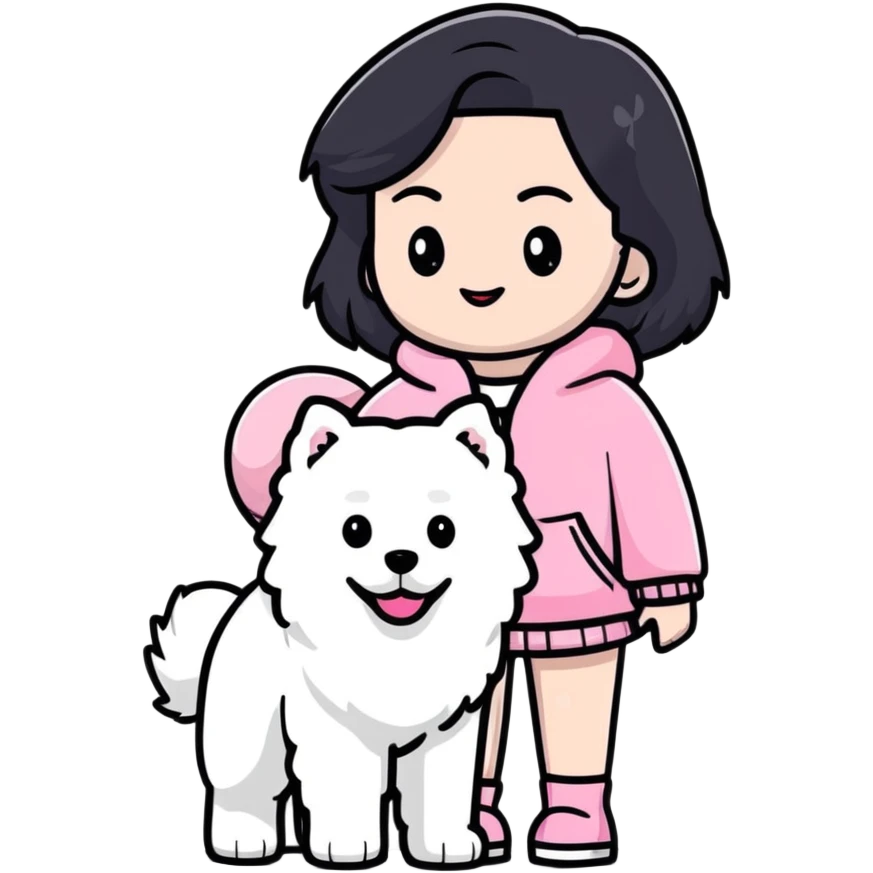 black-haired girl in pink Chanel style outfit with white Samoyed dog emoji