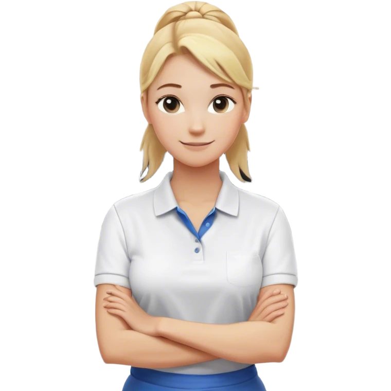 A friendly and professional laundry worker with blonde hair tied back in a casual ponytail. She wears a clean white polo shirt and stands confidently with her arms crossed in front of an industrial washing machine. Her warm smile conveys a welcoming and approachable demeanor. emoji