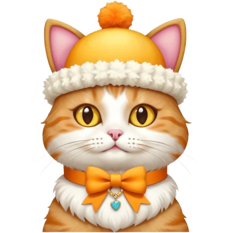 cat wearing a creamy cake hat with fun necklace around his neck and a yellow bow in the middle emoji