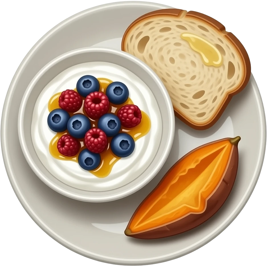 Realistic Plate with greek yogurt bowl topped with blueberries raspberries and maple syrup and sourdough slice topped with olive oil and a sweet potato on the side HD emoji