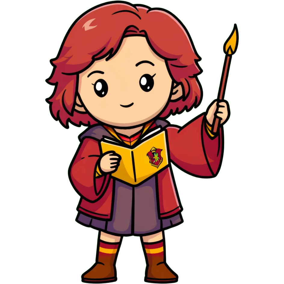 Cute Hermione casting a spell, Gryffindor colors emoji