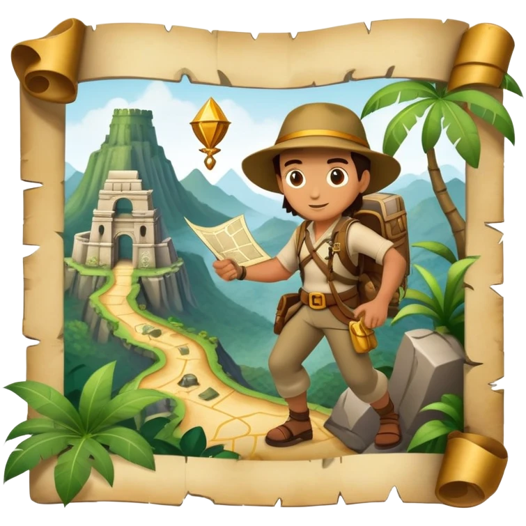 An icon featuring an adventurer in a dynamic action pose with treasure map, ancient ruins and jungle landscapes in the background. The design includes clues, hidden passages and climbing gear, symbolizing the thrill of exploration and discovery. Transparent background. emoji