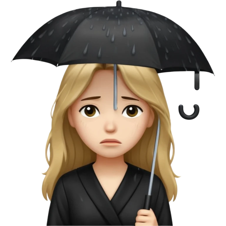 غمگین🧍‍♀️🌧موهای بلندلباس مشکی بدون چتر ،صورت افسرده  بارون emoji