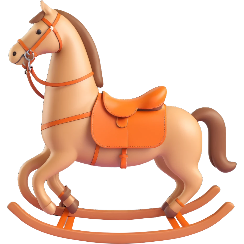 rocking horse, 3D, brown camel leather, Hermès orange accents, no text emoji