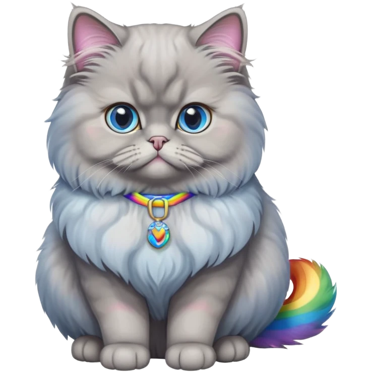 gray Persian cat full body sitting with blue eyes and rainbow belt emoji