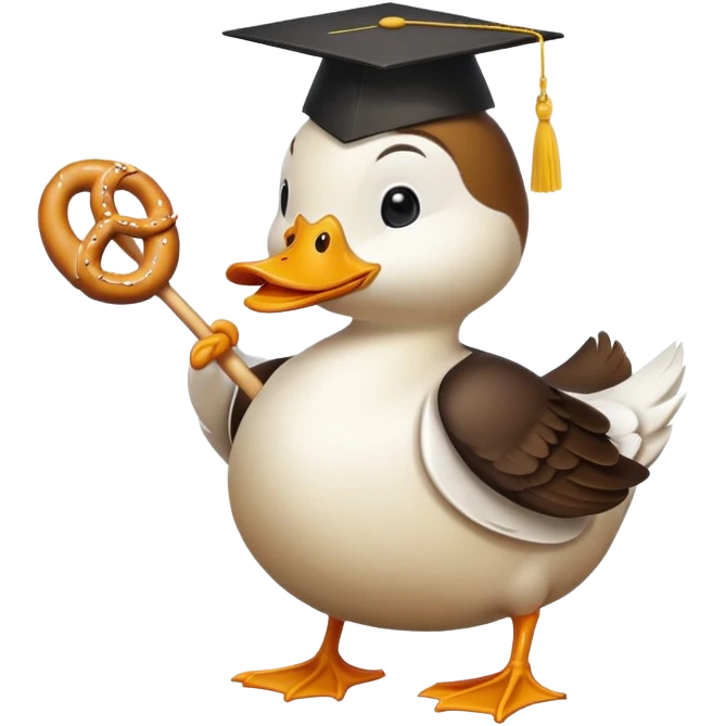 duck wearing bread shaped like a graduation cap and holding a pretzel emoji