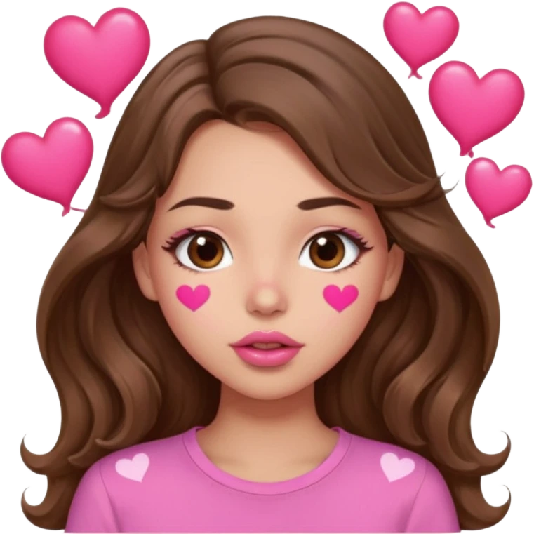 girl with long wavy brown hair, brown eyes, light to medium complexion, in a pink shirt, pink lips, long lashes, puckering lips kissing, blushing with hearts emoji
