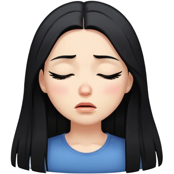 White girl with long black hair sad, crying with eyes closed  emoji