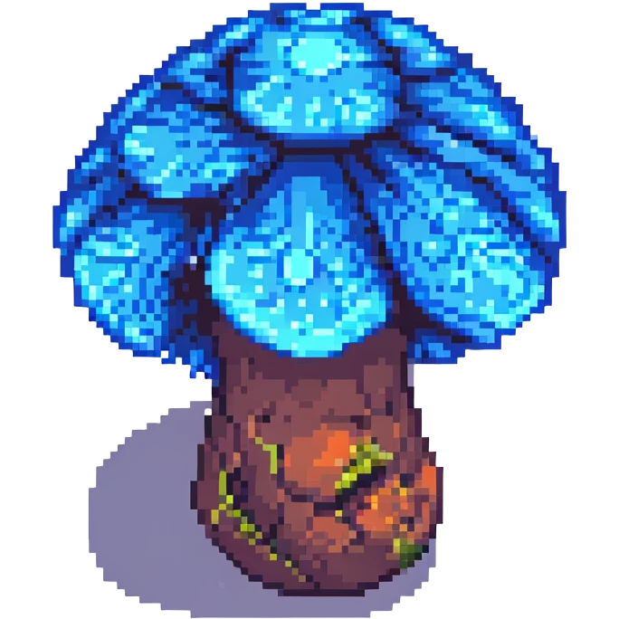 Add a pixel art forest background behind the glowing blue mushroom. emoji