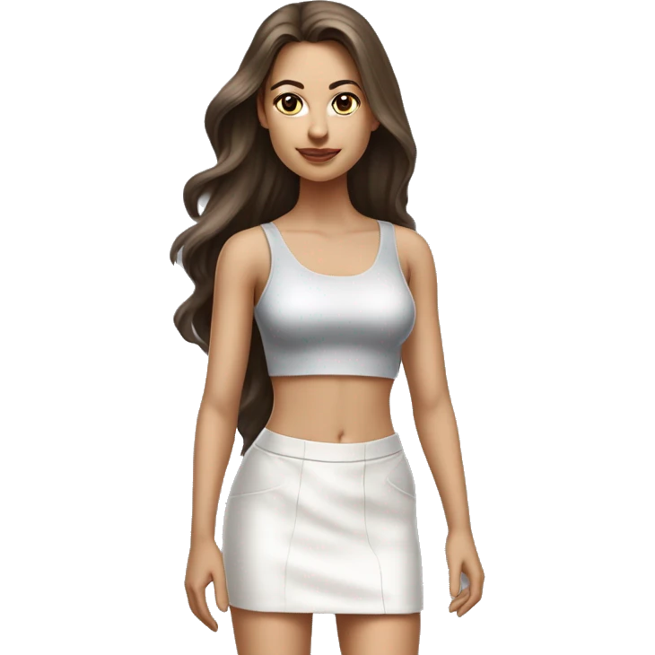 hyperrealist caucasian, long brown hair, brown eyes, woman, white decollette tank top, gray tight mini skirt, black high heels, full height emoji