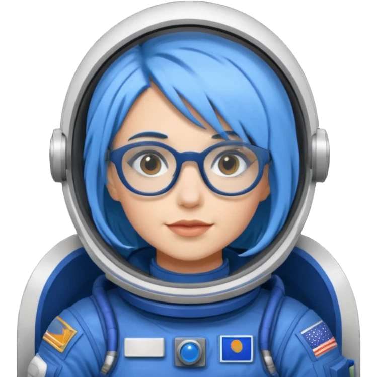 Female astronaut with blue hair, wear glasses, non helmet emoji