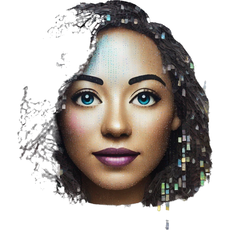Person face portrait made entirely of holographic vinyls music discs cds and music notes emoji