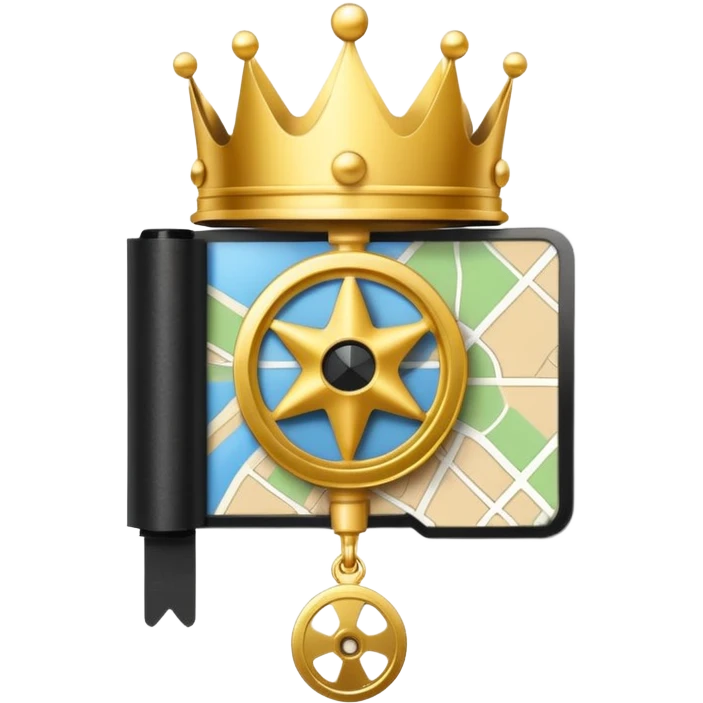 map pin with film reel and crown, elegant and shiny, premium video location, apple style emoji emoji