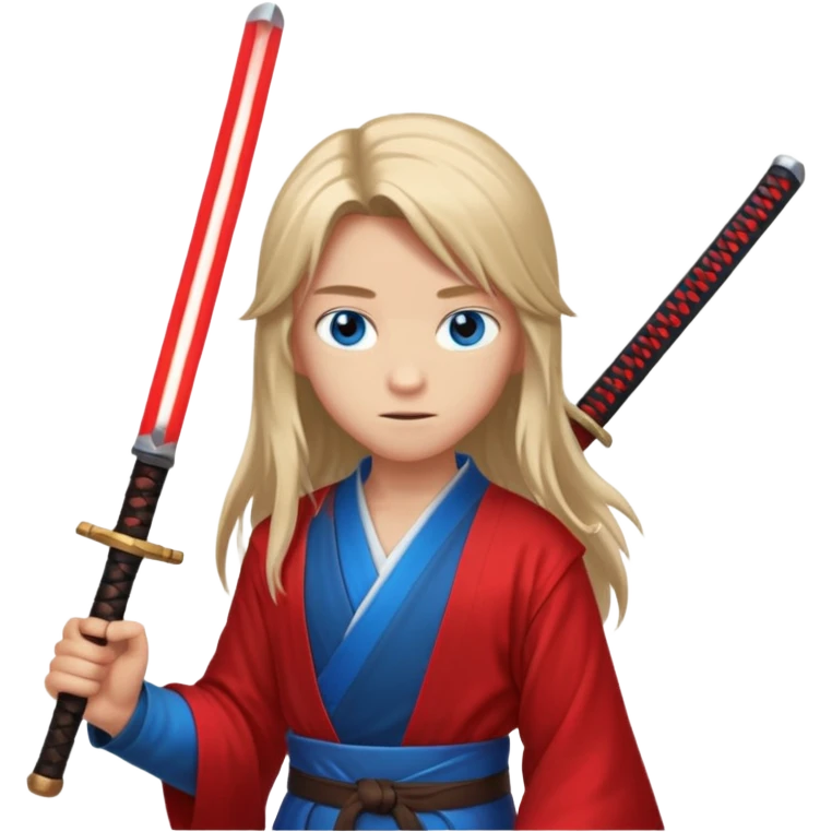 A 14 year old with red glowing katana and his hair be long and eye colour of blue  emoji