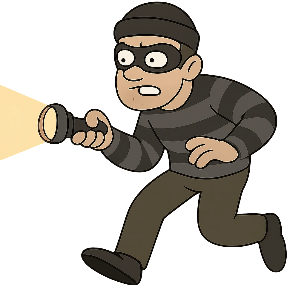 white man dressed as a robber, sneaking with a flashlight, flat toon style emoji