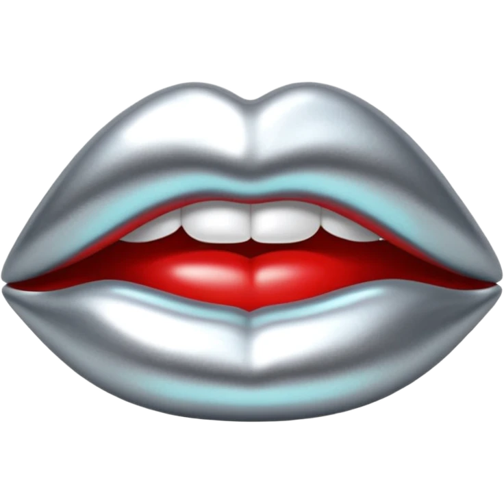 Chrome silver lips emoji, glossy metallic texture, iOS emoji style, smooth reflections, bold but minimal design, centered, silver mouth. all silver emoji