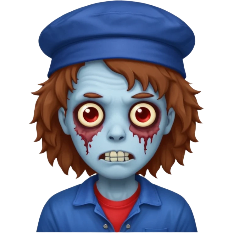 brown fluffy hair zombie with blue and white hat dark blue jilet red t shirt emoji