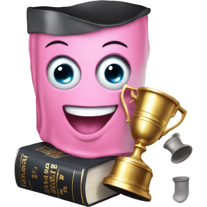 Happy face with tears in eyes and a pink bow holding a Stanley cup and book emoji