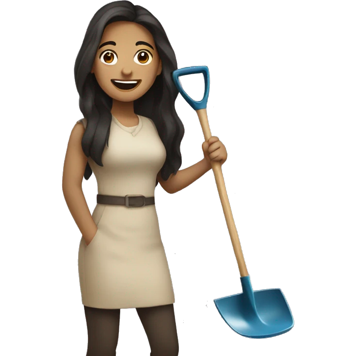 Beige Women with long dark hair holding shovel smiling  emoji