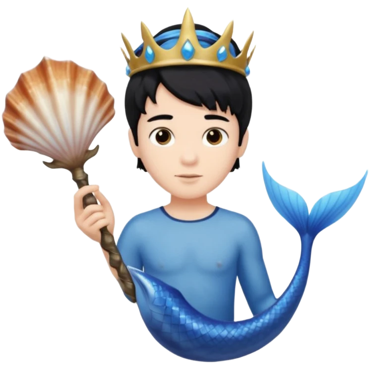 boy, black hair, brown eyes, white skin, Triton, with Triton in hand and blue Triton tail  emoji