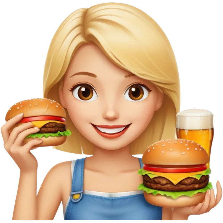 happy blonde girl with burger and beer  emoji