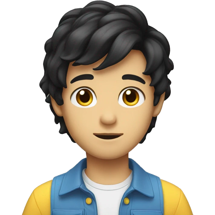 emoji of a boy with full black hair, white, brown eyes wearing a blue shirt with yellow sleeves emoji