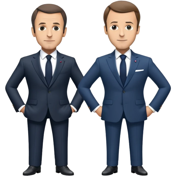 figures of Nicolas Sarkozy and Emmanuel Macron standing side by side, both with oversized heads and small bodies, wearing suits, highly recognizable faces, simplified details emoji