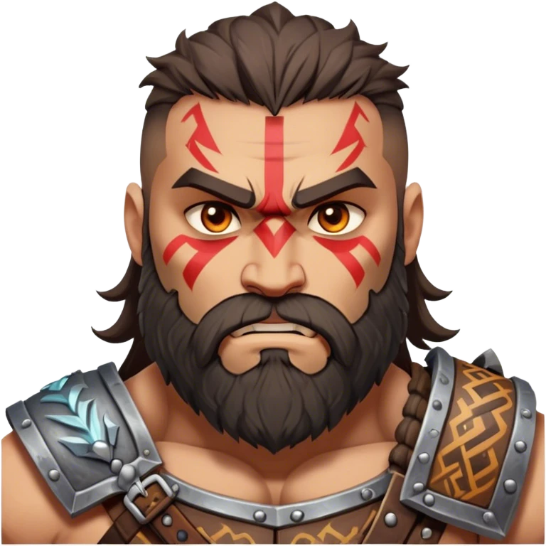 Clash of Clans aesthetic: Cinematic Rugged Barbarian Portrait Emoji, Intense and formidable with a heavily muscled physique, a rugged beard, piercing eyes, and battle-worn armor adorned with tribal markings, his expression fierce and resolute, Simplified yet powerfully detailed features, highly detailed, glowing with a deep, primal energy, high shine, gritty and uncompromising, stylized with an air of raw, untamed power, focused and determined, soft glowing outline, capturing the essence of a barbarian warrior carved by countless battles and poised to lead his clan into epic conflict! emoji