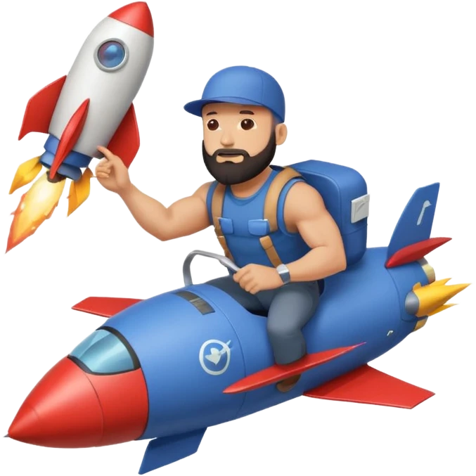 Bald muscular guy with beard and backwards cap, riding rocket, holding Instagram logo, papers trailing behind, minimal style emoji