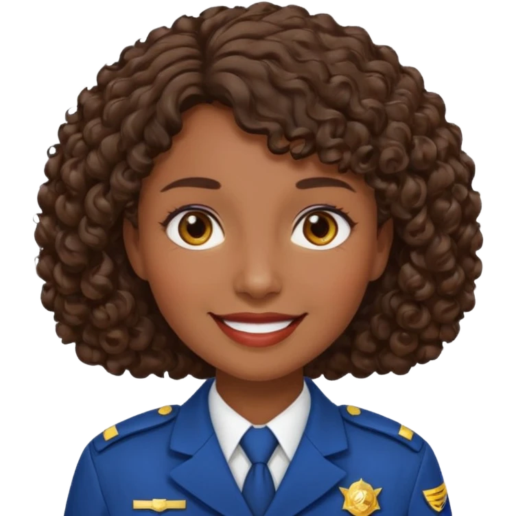 Middle-aged Female: dark skin, wearing uniform, approachable face, curly short brown hair emoji