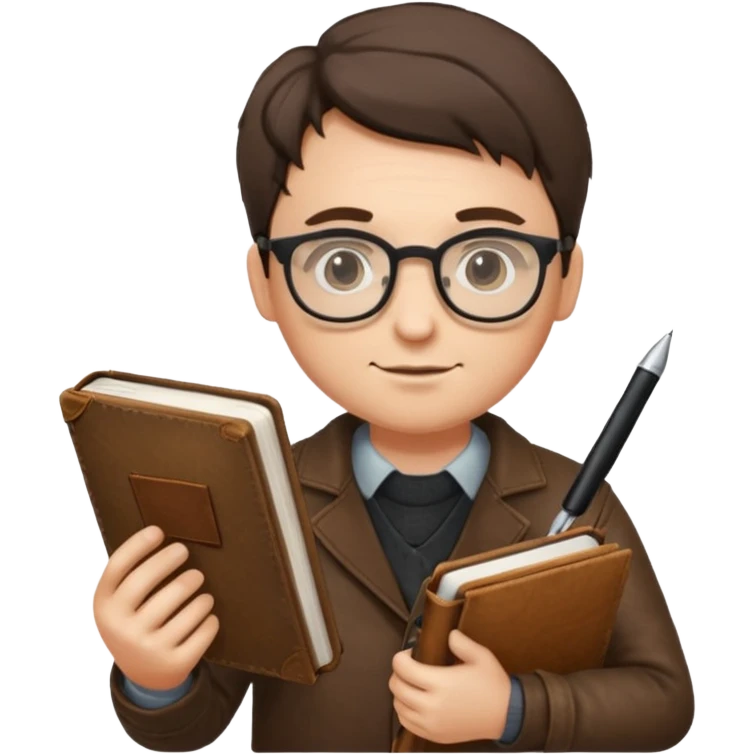 writer holding pen in hand and closed book in other hand, wearing glasses emoji