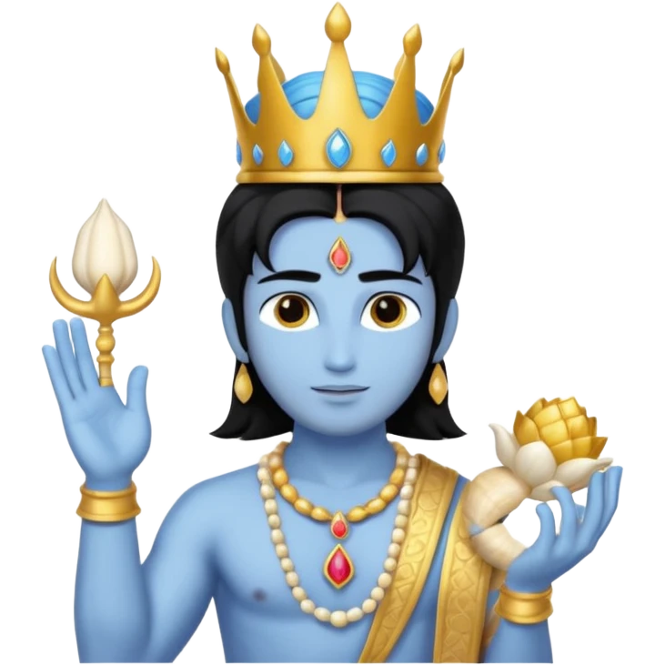 lord vishnu, shoulder length black hair, wearing crown, holding conch and chakra, blue color skin emoji