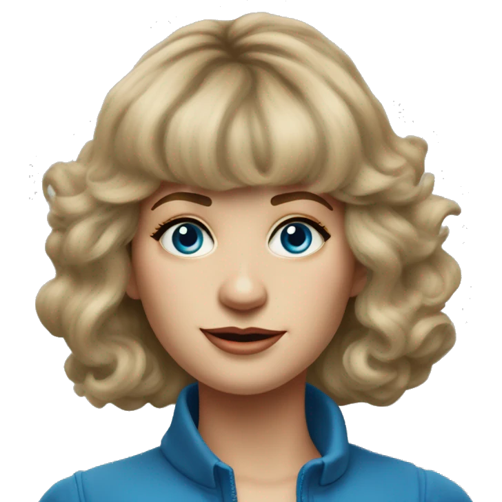 Medium length Dirty blonde poofy hair with bangs all across forehead and sides swept away from face woman of 60 with blue eyes  emoji