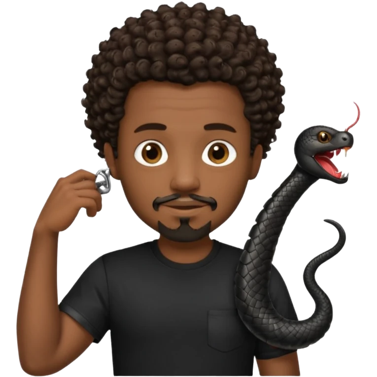 Homme noir, yeux marron avec un bouc que le menton, cheveux court et bouclé crépus avec dégradé sur le côté, avec un cobra à côté , t-shirt noir  emoji