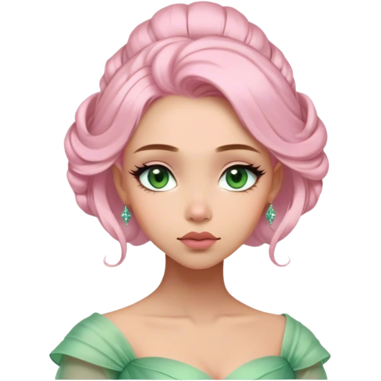 Cinematic Elegant Mulan Portrait Emoji, Dressed in her delicate green matchmaker gown, soft pink makeup, hair pinned perfectly, looking wistful yet radiant, eyes reflecting the depth of her spirit, capturing both her beauty and inner strength! emoji