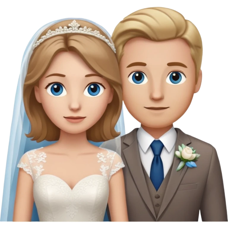 portrait of a bride with light brown hair and grey-blue eyes, and a groom with blonde hair, blue eyes, wearing a brown suit emoji