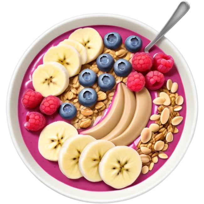 smoothie bowl with bananas, raspberries, blueberries, granola and peanut butter emoji