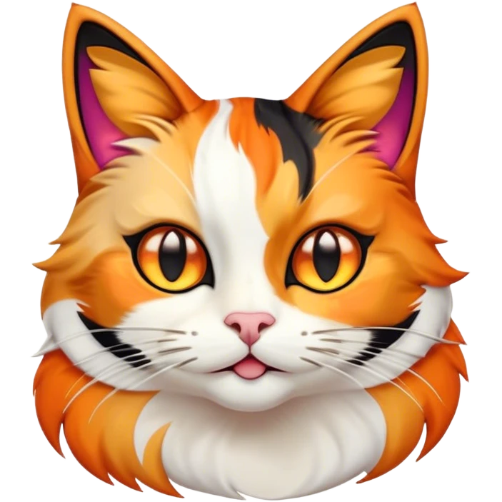 Cinematic Comical Calico Cat Portrait Emoji, Head tilted dramatically with an exaggeratedly surprised expression, showcasing a vibrant patchwork fur of orange, black, and white with wide, comically expressive eyes, simplified yet hilariously detailed, glowing with a sassy, golden radiance, high shine, exuding playful mischief and cheeky feline attitude, styled with a soft glowing outline, capturing the essence of a calico cat that looks ready to leap off the screen with mischievous flair! emoji