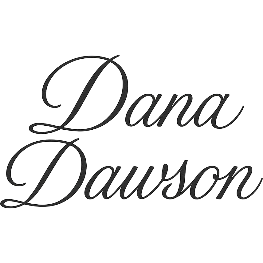 elegant script wordmark of 'Dana Dawson', flowing cursive, minimal, black and white emoji
