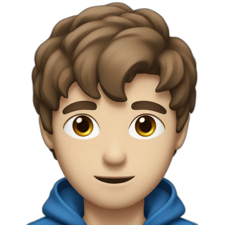 a guy with an emo haircut, a blue jacket and blue eyes.  and brown hair. emoji