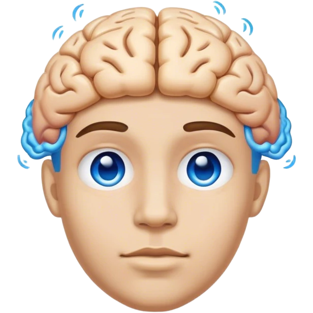 An adult person face emoji with blue brain instead of hair emoji