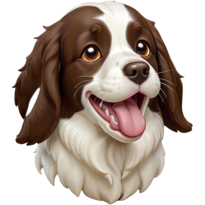 Cinematic Cute Yawning Springer Spaniel Portrait Emoji, Head tilted slightly with a dramatic, wide-open yawn, showcasing a smooth Fur of liver and white with crisp markings, floppy ears slightly drooping, round brown eyes barely open in drowsy contentment, Simplified yet irresistibly adorable features, highly detailed, glowing with a soft, cozy glow, high shine, relaxed yet expressive, stylized with a touch of whimsy, bright and endearing, soft glowing outline, capturing the essence of a sleepy yet affectionate companion, so drowsy it feels like it could stretch right out of the screen and curl up for a nap! emoji