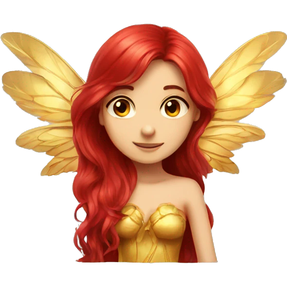 big wings, flower, Beautiful, fairy, red, gold,red, long hair emoji