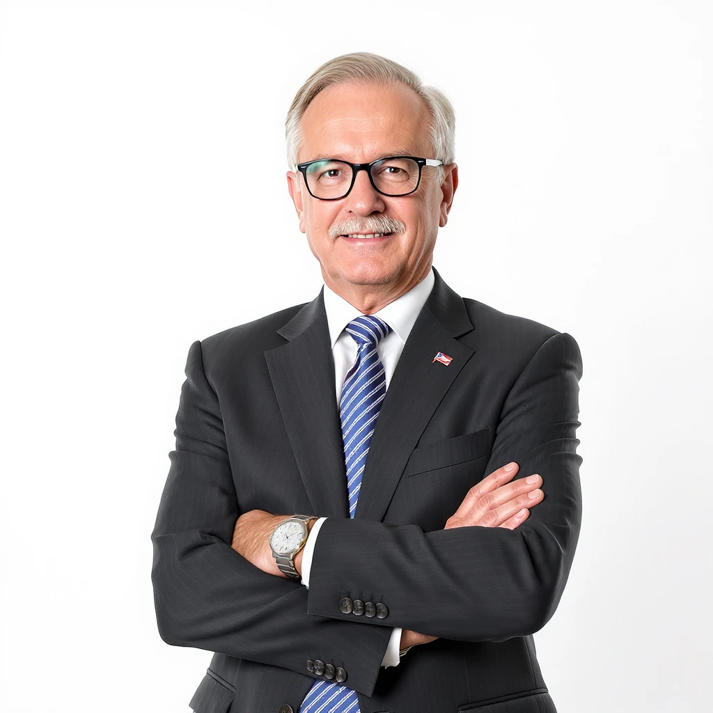 Photo of a 60 year old polish businessman crossed hands and glasses, elegant outfit, white solid background emoji