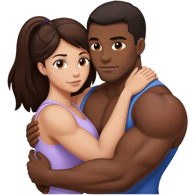 Black man with muscles hug brunette woman emoji