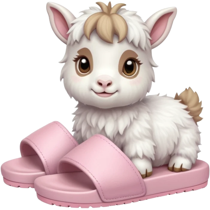 a baby goat emoji wearing pastel pink chunky slides emoji