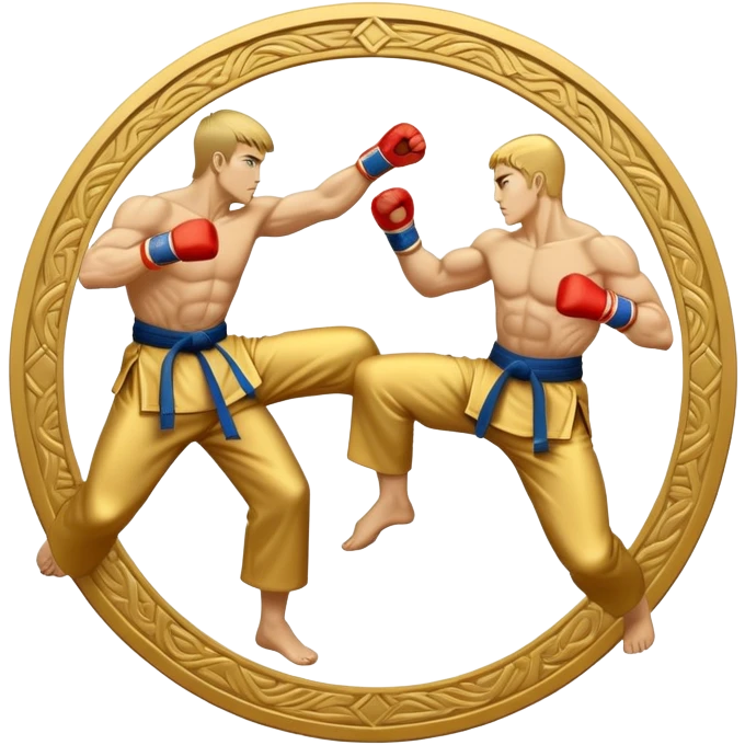 Round emblem symbolizing striking martial arts. The emblem features two fighters in dynamic stances, one delivering a powerful punch while the other defends with a block. In the center, a stylized fist and foot crossed to represent the essence of striking.  emoji
