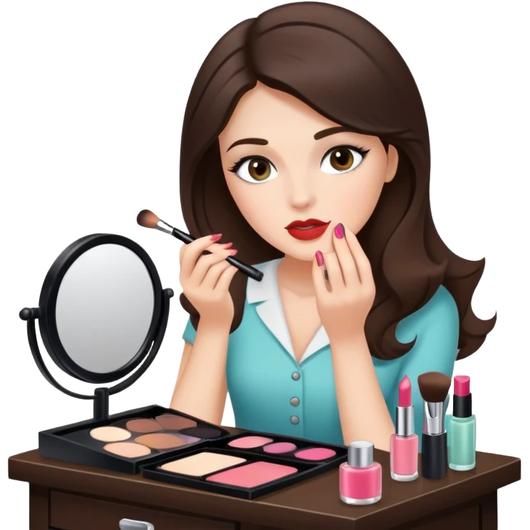 Hyperrealistic brunette woman putting on makeup at a vanity emoji