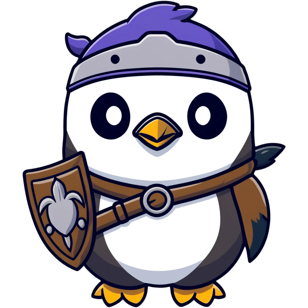 Cute penguin as Norse god Odin with two ravens on shoulders, wearing a Viking helmet and eyepatch emoji