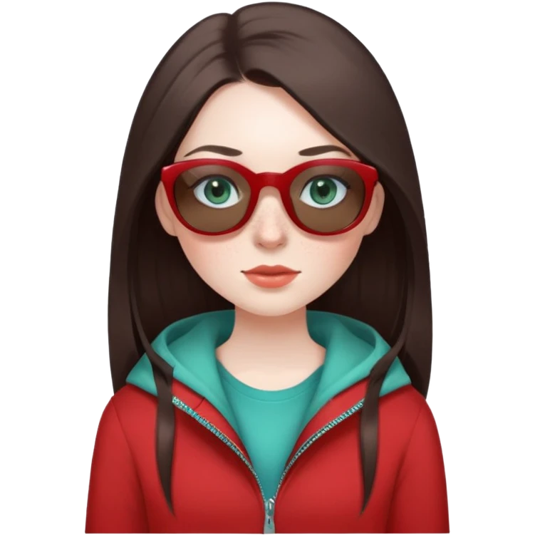 girl with long lashes, dark brown hair with greyish tone, with straight long hair, blue green eyes, in red clothes, with pale skin with freckles, and long lashes, brown clothes and sunglasses  emoji